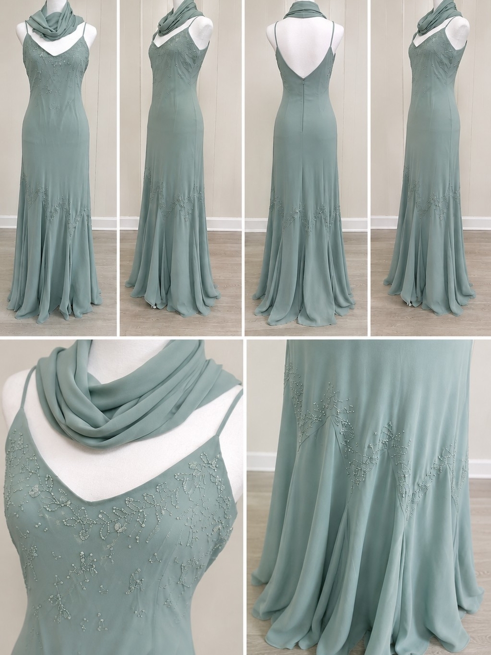 Elegant Sage Green Beaded Evening Gown with Scarf